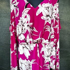 INC International Concepts Floral V-Neck Blouse in Fuchsia and White
